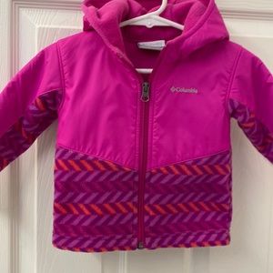Girls Columbia pink, purple and orange jacket. 12-18 M.
